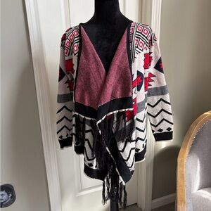 Timing Aztec Fringe Cardigan Sweater - Pink, Black, White